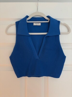 Aritzia Babaton Blue Sculpt Knit Collared Crop Sz L