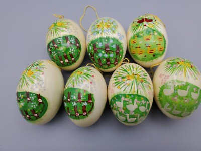 7 VTG Hand Painted Real Egg Easter Ornaments Rabbits Ducks Folk Art READ DESCRIP