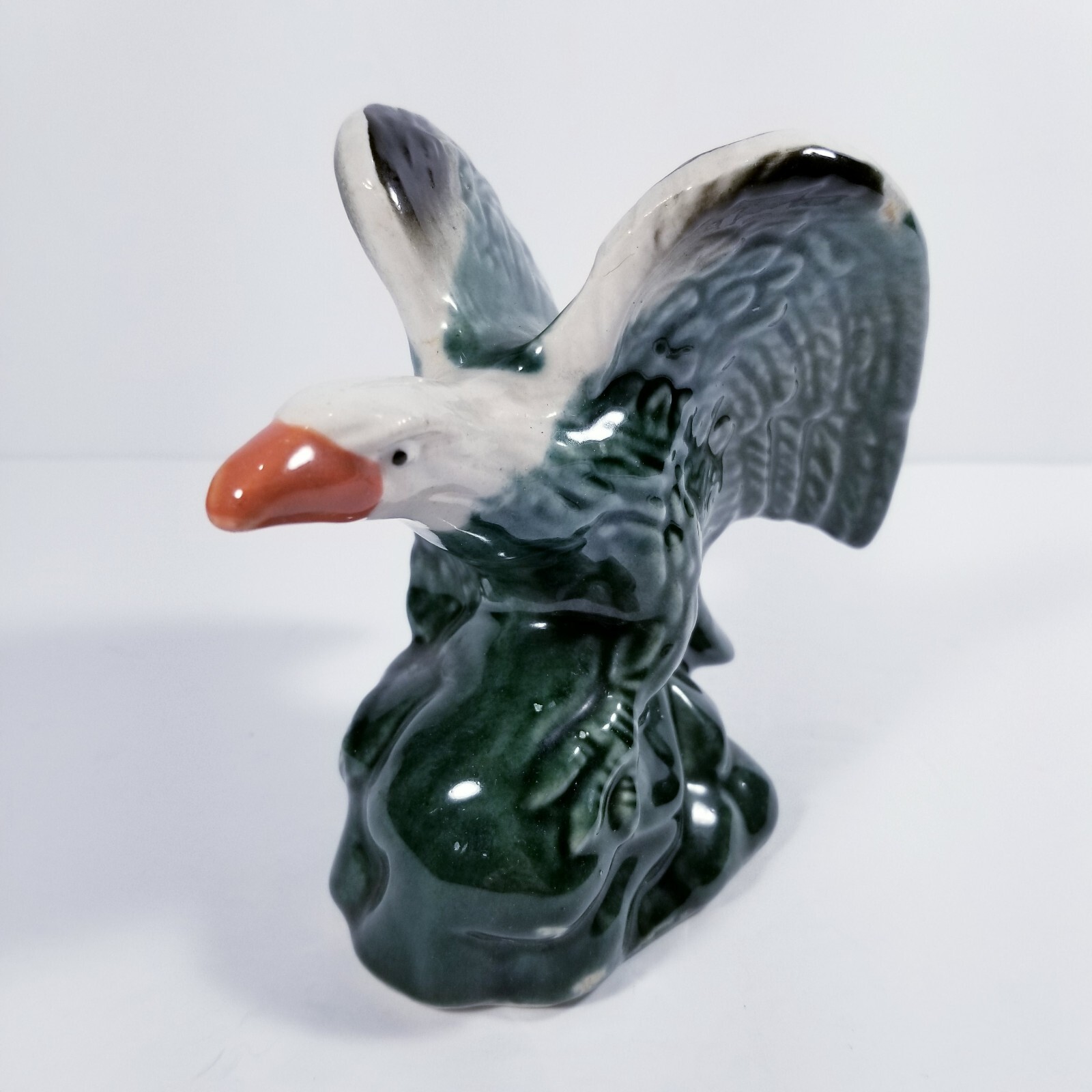 Eagle Figurine on Rock Glossy Ceramic Vintage 5 inches Green