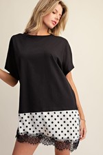 Easel Women's Polka Dot Lace Hem Knit Tunic Top in Black