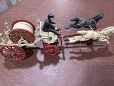 VINTAGE CAST IRON TOY 2 HORSE-DRAWN FIRE CART HOSE REEL TWO RIDERS BELL
