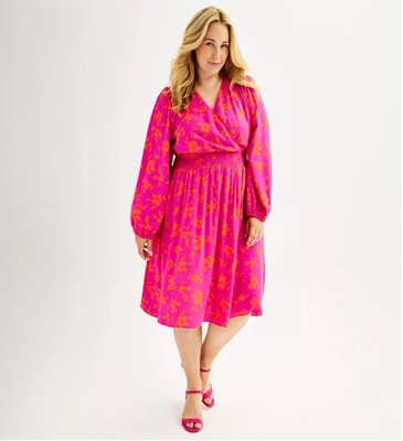 Draper James RSVP Dress Woman s 1X Fuchsia/Orange Smocked Waist Long Sleeves NWT
