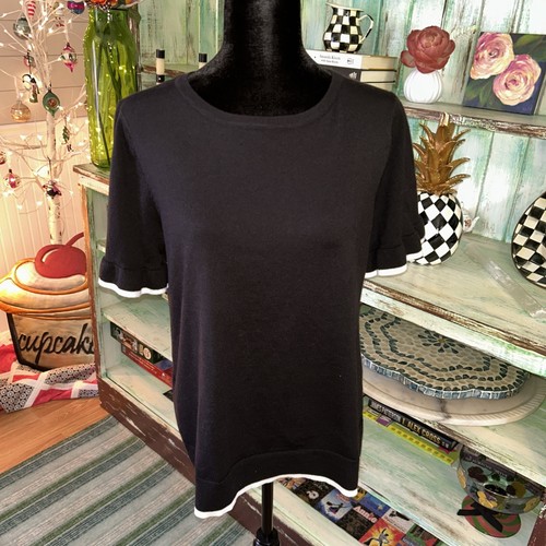 NWT Women's Black And White Cable & Gauge Short Sleeve Sweater Size XL