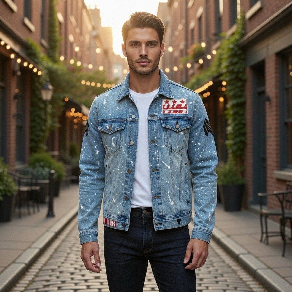 Guess Bleach-Splatter Patch Denim Rex Jacket Mens… - image 1