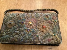 VTG Zardozi Purse W/ Handle, Gold Metal Silk Embroidery Amethyst Amber Jewels,