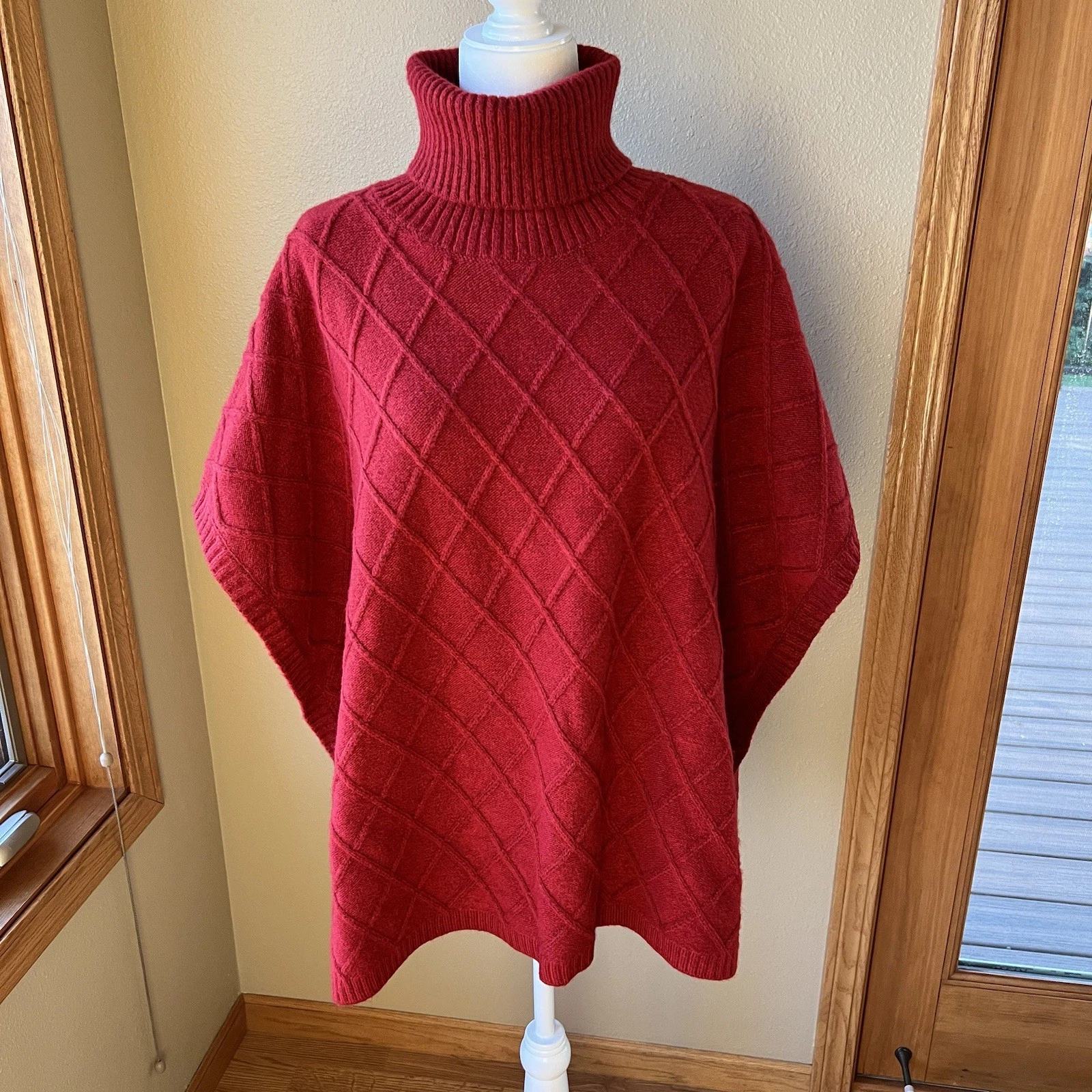 Loft Lattice Cable Turtleneck Poncho Sweater Women’s M/L Red NEW Holiday Winter
