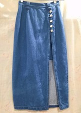 Vtg Midi High Waisted Side Button Front Slit Denim Jean Skirt w/Built In Mini S