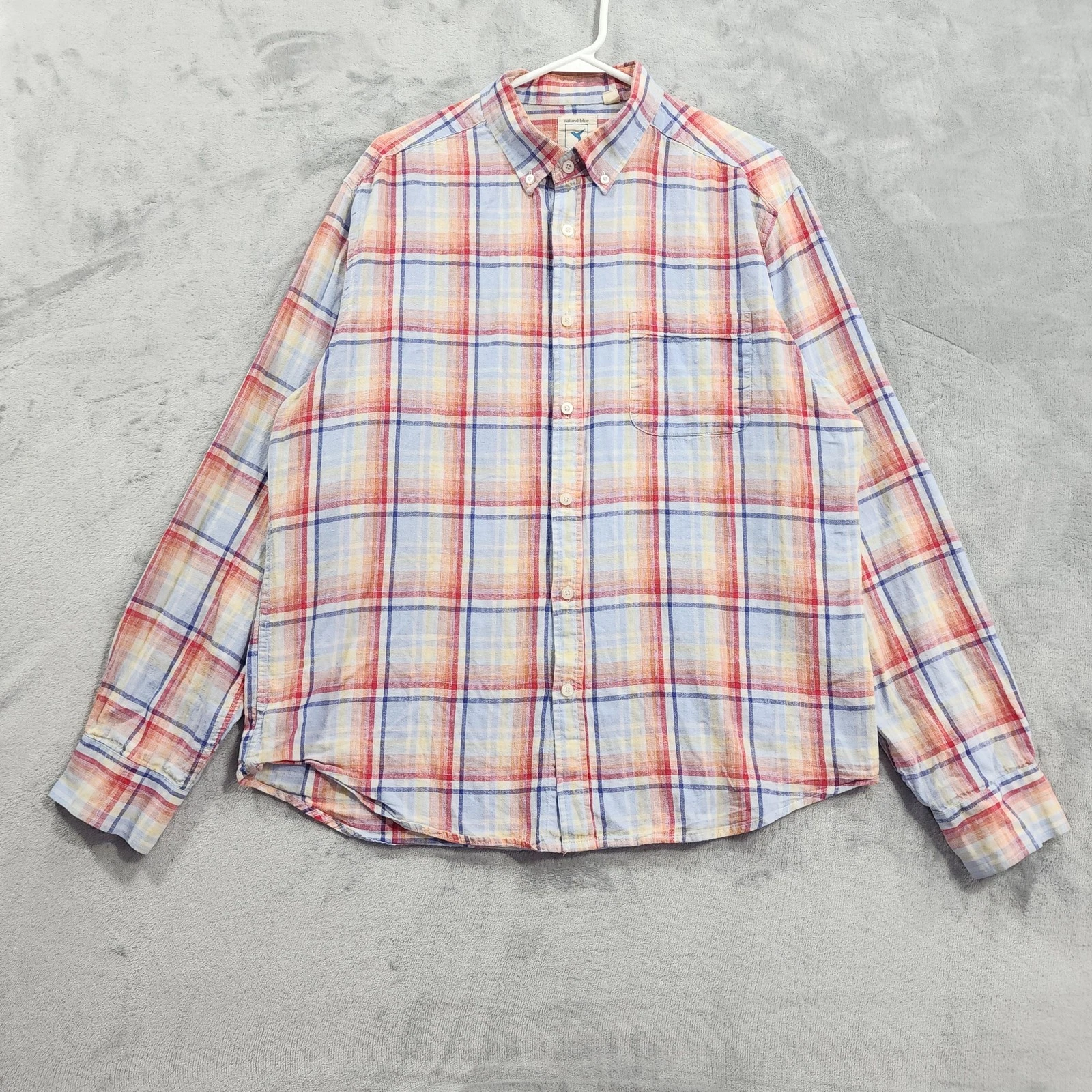 Natural Blue Visitor Shirt Men XL Multicolor Plaid Linen Button Down Long Sleeve