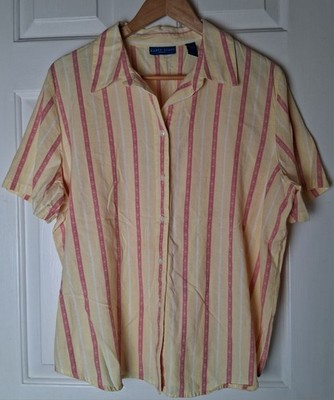 KAREN SCOTT Sport XL Yellow Pink Striped Collared Button Down Top