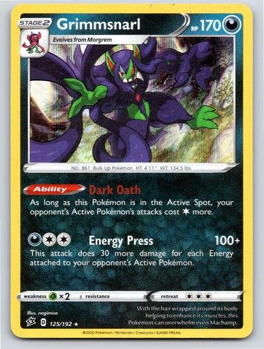 2020 POKEMON GRIMMSNARL REBEL CLASH 125/192 HOLO RARE NM A44107 FREE S&H