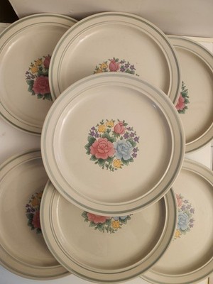 Stoneware Dinner Plates LOT Of 8 Rose Needlepoint Mid Century VTG 