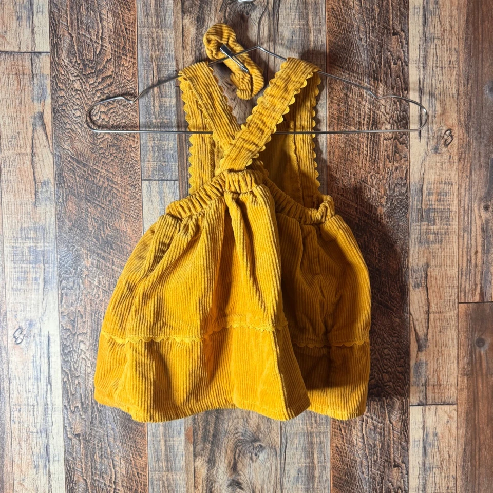 Girls Corduroy Dress 3T Yellow Sleeveless Outfit with Bow - Image 2 of 3