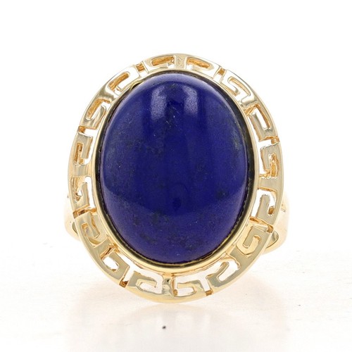 Yellow Gold Lapis Lazuli Cocktail Solitaire Ring - 14k Oval Cab Greek Key Border