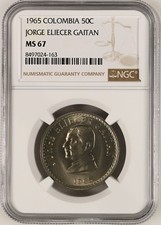 COLOMBIA 50 Centavos 1965 NGC MS67 TOP POP Jorge Eliecer Gaitan