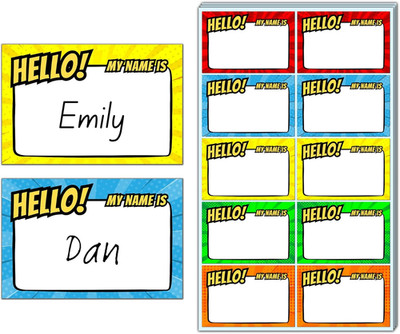 200 Stück - Superheld Comic Namensschilder Aufkleber, Hello My Name is Sticker,