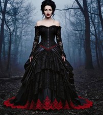 Black Red Gothic Wedding Dresses Off Shoulder Long Sleeves Applique Bridal Gowns