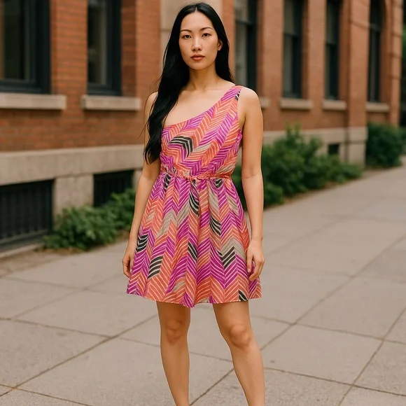 Trina Turk | Draped One Shoulder Silk Chiffon Dress Zig Zag Print Orange Pink 6