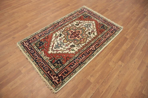 Hand-Knotted Medallion Wool Carpet Geometric Beige Indian Rug 3x5 Ft Foyer Rug - Picture 4 of 12