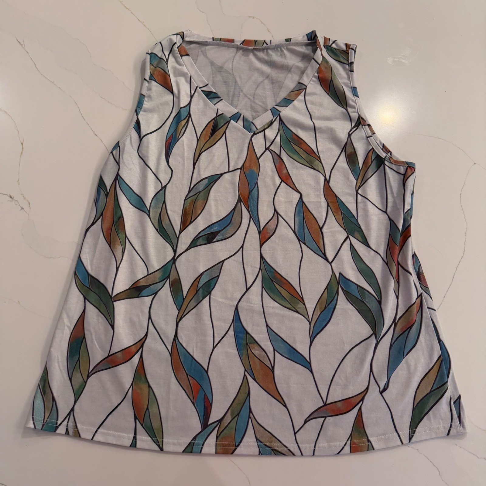 Womens Abstract Leaf Print V Neck Sleeveless Tank Top XXL