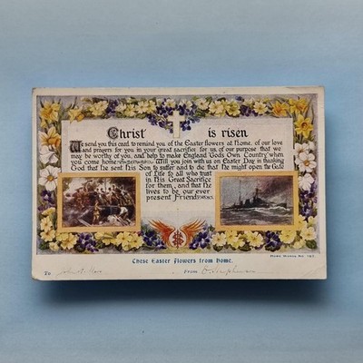 Postkarte 1. Weltkrieg Ostern um 1917 Truppen Kriegsschiff einfache Heimat Worte