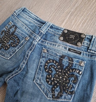 Miss Me Damen Jeans Blau Denim Straight Gr.28 Five-Pocket Strass Nieten JP6048S