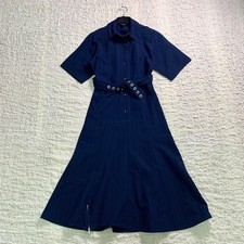 CELINE Phoebe Era Polyester Belted Zip Design Short Sleeve Long Dress Size 36