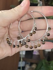 Vintage SX 925 Silver Tiger?s Eye Charms Large Hoop Earrings