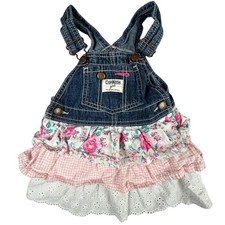 OshKosh B'gosh Girls 18M Denim Overall Dress Floral Gingham Eyelet Tiered Ruffle