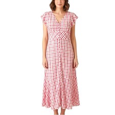 Ann Taylor LOFT Sz 6 Red White Gingham Plaid Flutter Sleeve Maxi Prairie Dress