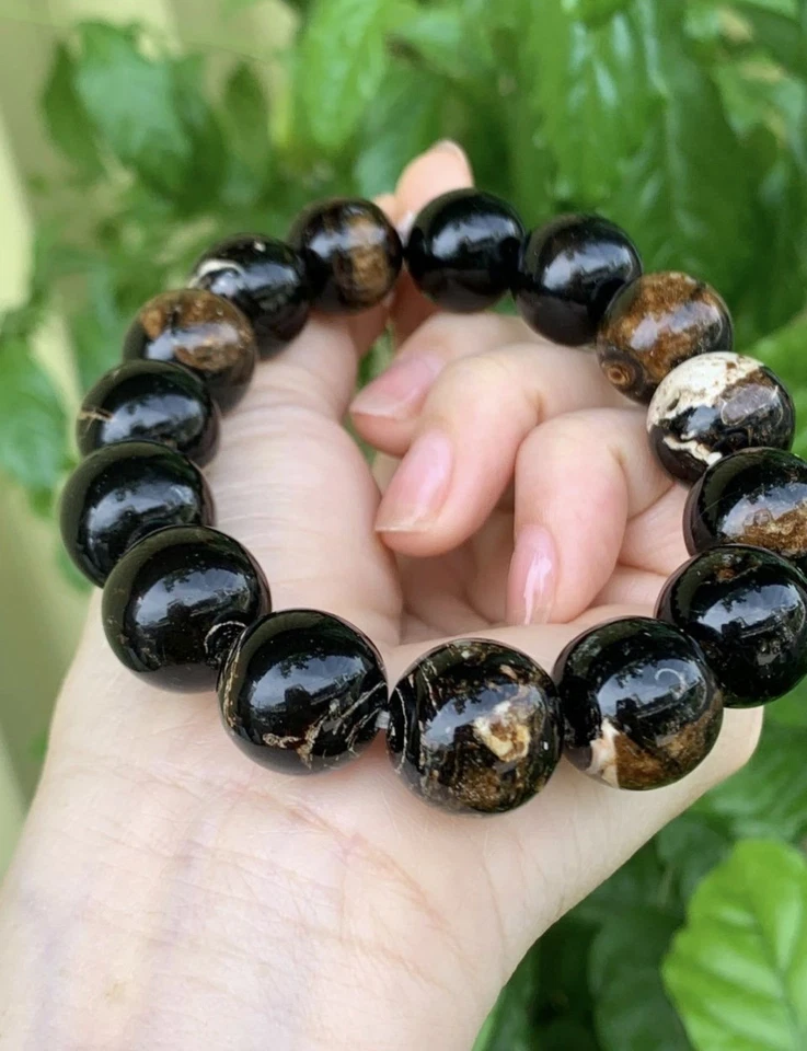 Natural Black Coral 16mm bead bracelet, -Wrist 19cm, Certificate - Image 3 of 4