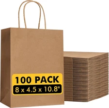 RACETOP Brown Paper Bags with Handles Bulk 100Pcs 8X4.5X10.8 Inch Gift Bags Bulk