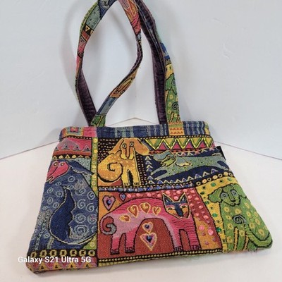 Laurel Burch Dog Cat Print Bag Tote Multicolored Purple Velvet