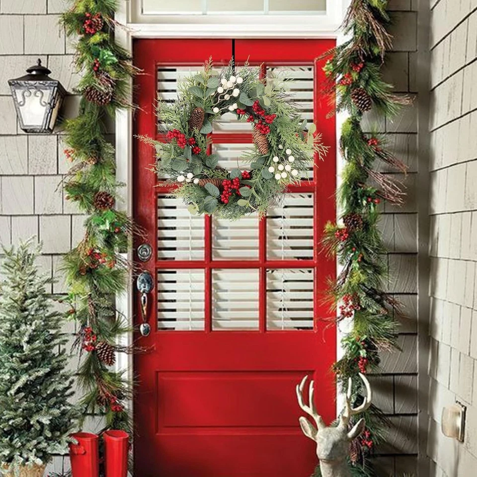 22 Inch Christmas Wreath with Hanger, Christmas Wreaths for Front Door with Red  - Image 3 of 4