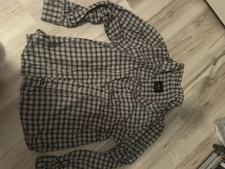 WOMENS RAILS BLACK WHITE BROWN STRIPED BUTTON UP LONG SLEEVE FLANNEL SIZE L LARG