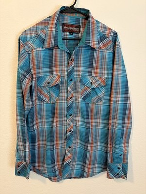 Men s Rock&roll Cowboy Blue/orange Plaid Button Up Shirt Size Medium