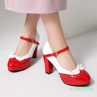 Women's Two Tone Color Match Mary Jane Shiny Leather Dress Shoes Bowtie Wedding