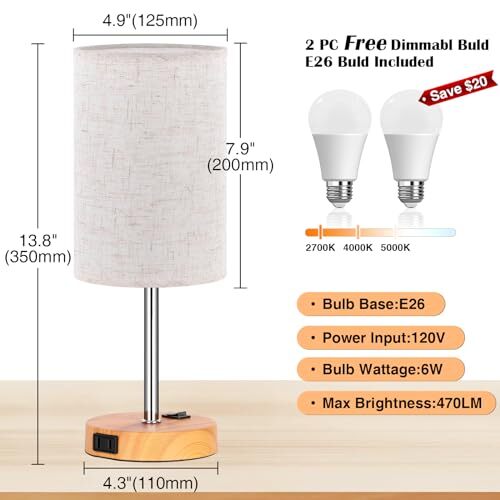 Table Lamp for Bedroom Set of 2, Bedside Small Flaxen Shade- Woodgrain Base - Picture 4 of 7