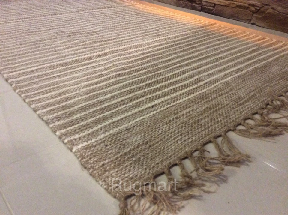 Striped Natural Cotton Jute Handloomed Cream Beige Washable Reversible Area Rugs - Image 4 of 4