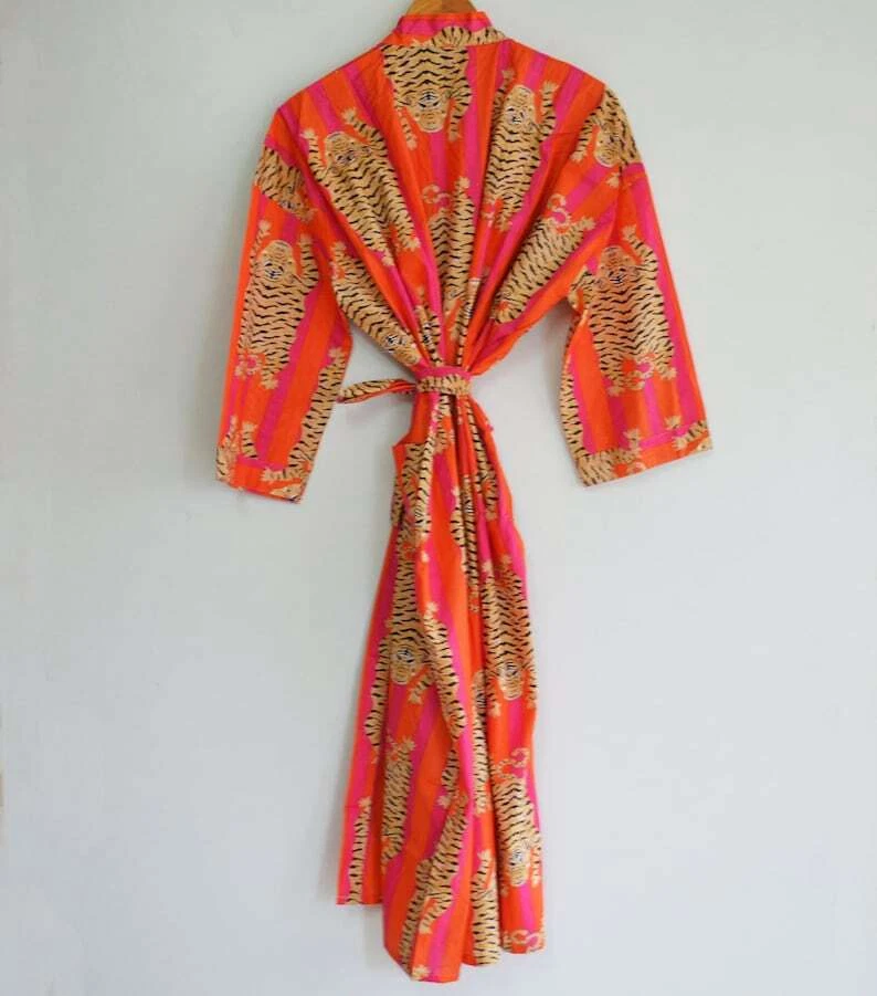 Bata de algodón indio kimono largo ropa de dormir multi floral estampado noche kimono bata Foto 4 de 4