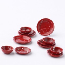 60 Pieces of Dollhouse Miniature 1:12 Red Speckled Enamelware Plate and Bowl