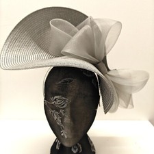 silver grey large straw bow fascinator millinery burlesque headband wedding hat