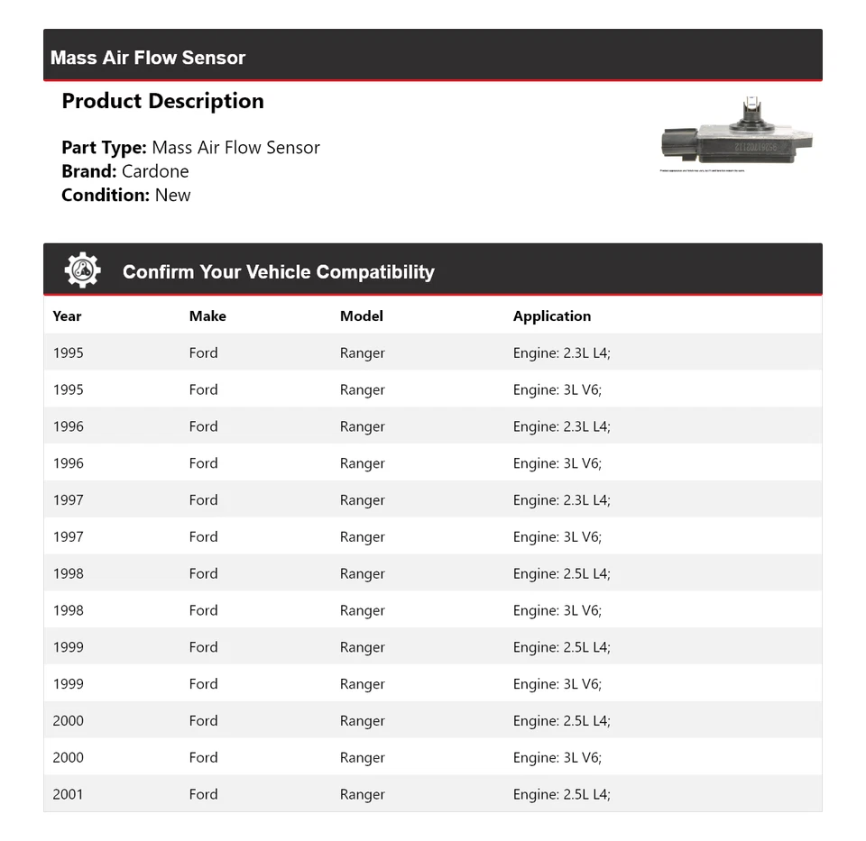Sensor de flujo de aire masivo Cardone 1996 1997 1998 1999 2000 para Ford Ranger 1995-2001 Foto 2 de 4