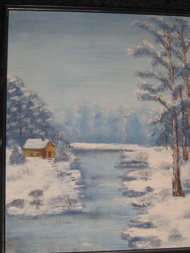BEAUTIFUL SNOW SCENE OIL PAINTING CABIN ART 1960'S - 第 1/6 張圖片
