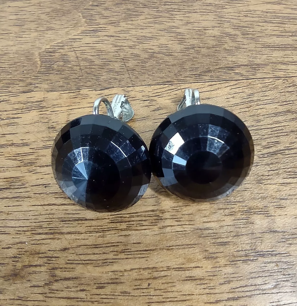 Dalsheim Black Faceted Button Earrings Vintage Signed Clip on