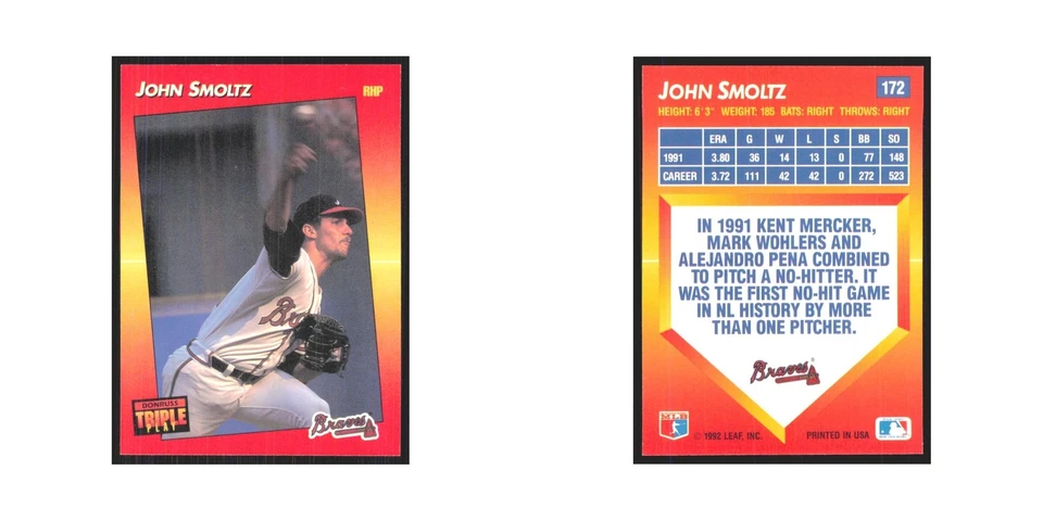 1992 Donruss Triple Play John Smoltz Braves #172 - Image 3 of 3