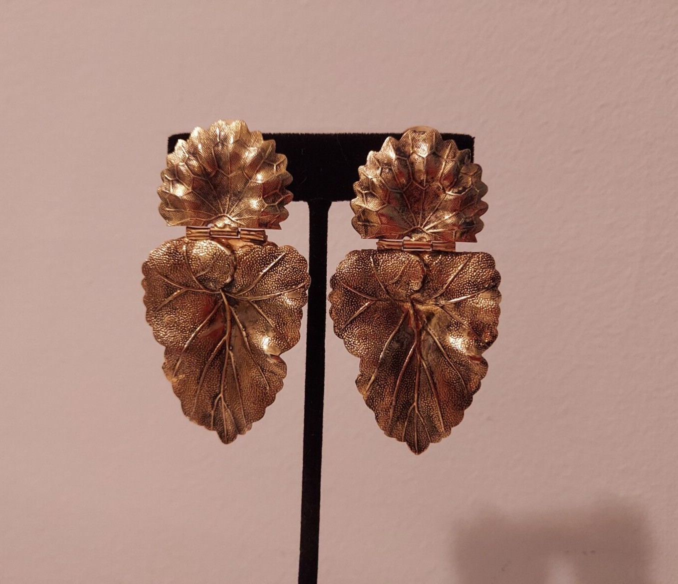 statement leaf drop dangle clip earrings dark gol… - image 1