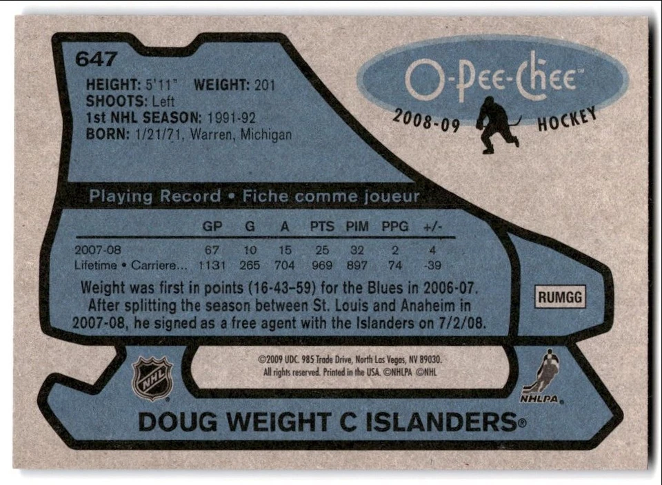 2008-09 O-Pee-Chee '79-80 Retro Doug Weight #647 New York Islanders - Image 2 of 2
