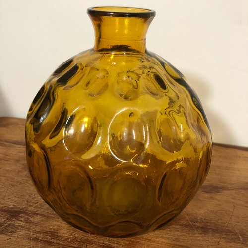 Vtg Golden Yellow Amber Thumbprint Pressed Glass Round Vase 7.5" Tall Bohemian - Picture 3 of 9
