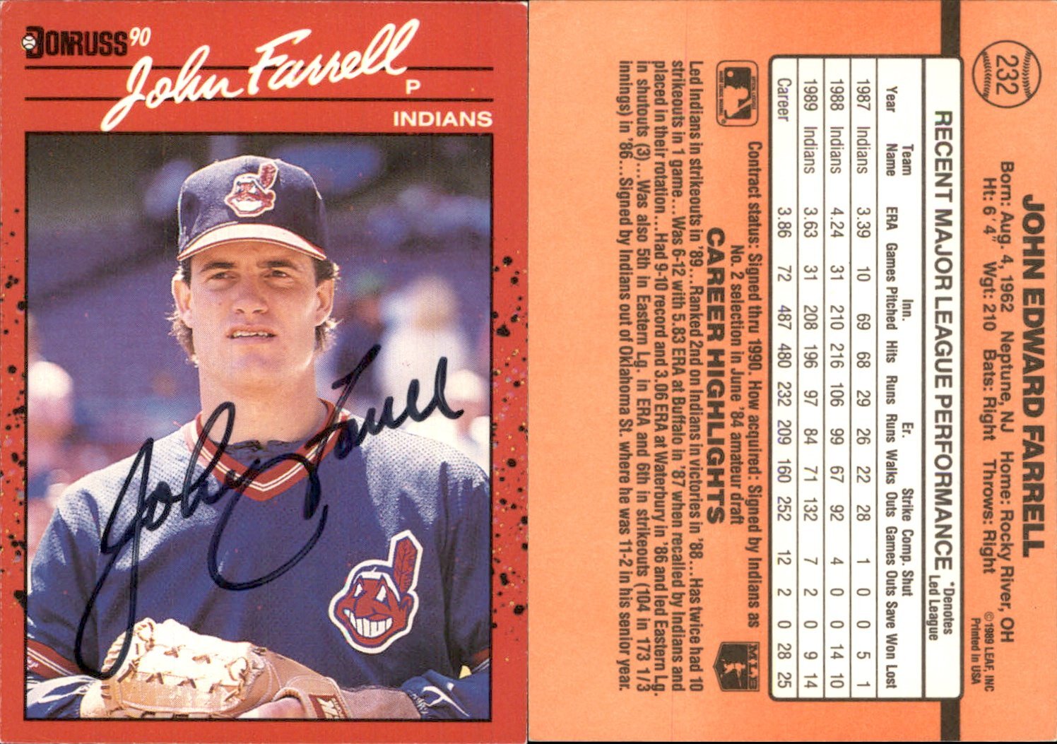 John Farrell Signed 1990 Donruss #232 Card Cleveland Indians Auto AU