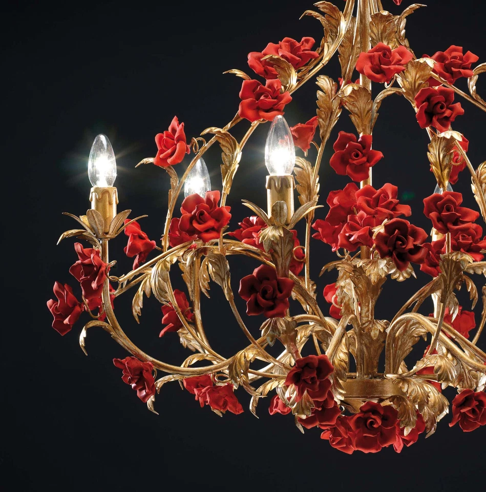 Lámpara de araña clásica de lujo con rosas rojas en cerámica 6 luces de lujo R023 Foto 2 de 2